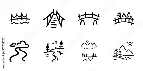 Bridges And Landscapes In Hand Drawn Style Set. Nature Exploration, Scenic Views, Outdoor Adventure Doodle Sketch Collection. Rustic Charm, Travel Inspiration. Isolated Vector Illustration