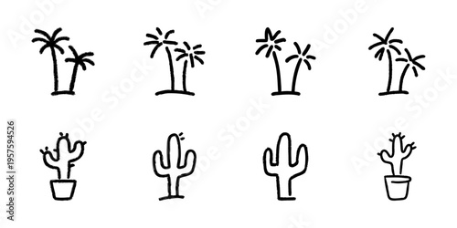 Palm Trees And Cacti In Hand Drawn Style Set. Tropical And Desert Plant Doodle Sketch Collection. Nature And Botanical Elements. Isolated Vector Illustration
