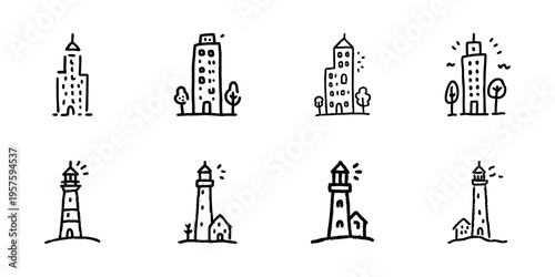 Lighthouse And Skyscraper Icons In Hand Drawn Style Set. Urban And Coastal Navigation Doodle Sketch Collection. Architectural Contrast, City And Sea. Isolated Vector Illustration