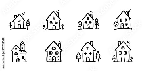 Charming Hand Drawn House Icons In Doodle Style Set. Residential Architecture, Home Design, And Community Living Sketch Collection. Whimsical And Playful. Isolated Vector Illustration