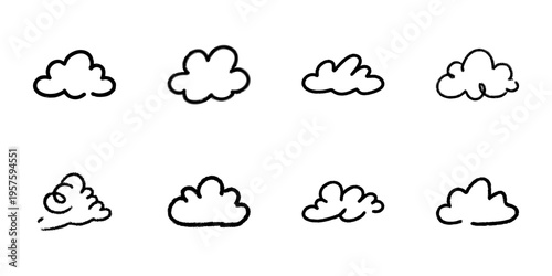 Cloud Icons In Hand Drawn Style Set. Weather Forecast, Sky Patterns, Atmospheric Conditions Doodle Sketch Collection. Simple Cloud Shapes. Isolated Vector Illustration