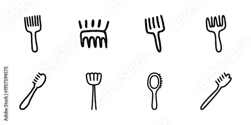 Hairbrush And Comb Icons In Hand Drawn Style Set. Hair Care, Grooming, Styling Tools Doodle Sketch Collection. Personal Hygiene Essentials. Isolated Vector Illustration