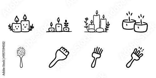 Candles And Brushes In Hand Drawn Style Set. Relaxation, Aromatherapy, And Hair Care Doodle Sketch Collection. Spa And Beauty Essentials. Isolated Vector Illustration