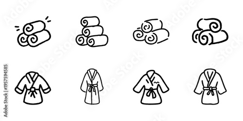 Rolled Towels And Bathrobes In Hand Drawn Style Set. Spa Relaxation, Wellness, Hospitality Doodle Sketch Collection. Comfort And Luxury. Isolated Vector Illustration