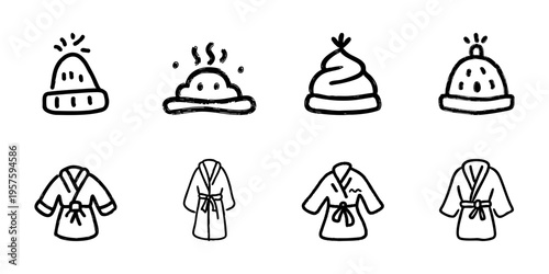 Winter Hats And Bathrobes In Hand Drawn Style Set. Cozy Clothing, Warmth, And Comfort Doodle Sketch Collection. Seasonal Apparel Icons. Isolated Vector Illustration