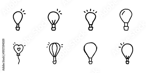Light Bulb Icons In Hand Drawn Style Set. Innovation, Creativity, New Ideas Doodle Sketch Collection. Conceptual Thinking, Inspiration Symbols. Isolated Vector Illustration