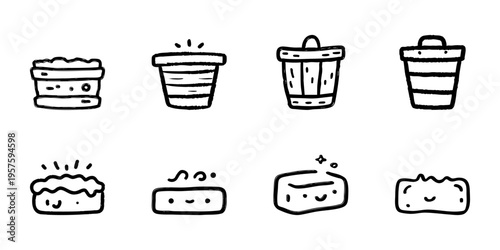 Wooden Buckets And Cute Soap Bars In Hand Drawn Style Set. Rustic Storage And Adorable Hygiene Doodle Sketch Collection. Household And Personal Care. Isolated Vector Illustration