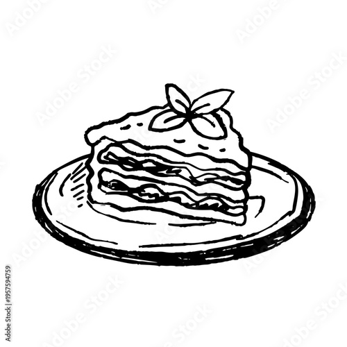 Lasagna ink doodle, hand drawn cake slice illustration, dessert food whimsical brushstroke set. Tasty piece, sweet layered meal vintage art, restaurant menu. Gourmet organic lasagna doodle deco