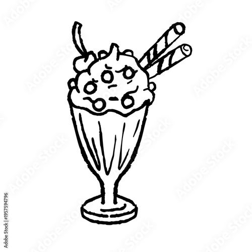 Ice cream sundae, hand drawn sweet dessert sketch, ink doodle ice cream cherry waffle art. Sundae cafe menu decor, frozen dairy treat print, berry milkshake gourmet dessert line drawing.