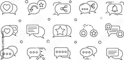 Social Media Interaction Icon Set featuring Hearts, Shares, Notifications, Favorites, and Community Engagement Speech Bubbles