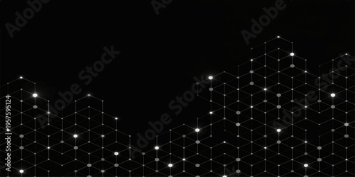 Abstract blue night sky illustration with falling snow flakes and a digital city pattern featuring glowing stars and bright technology particles on a dark urban business background
