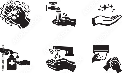 Hand washing icon set in black line style, hygiene symbols, clean vector illustration collection.