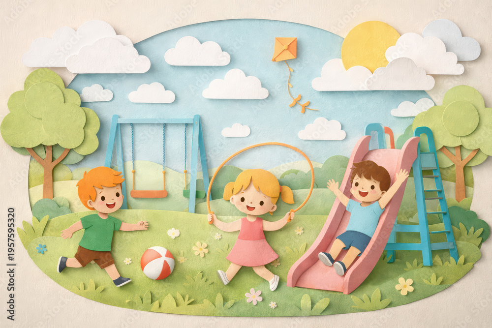 Obraz premium Children play joyfully in vibrant park scene, featuring swing set, slide, and colorful clouds. atmosphere is cheerful and lively, capturing essence of childhood fun