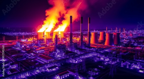 Nighttime Industrial Complex - A Fiery Spectacle of Smoke and Structures Under a Dark Sky.