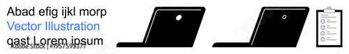 Work, productivity, business tools, digital communication, task management, technology. Three black laptop icons with a clipboard tasks. Work and productivity concepts
