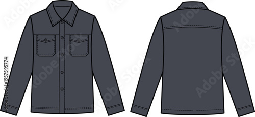 Flat CAD vector sketch of button-up denim jacket with chest flap pockets, long sleeves, classic collar, and back yoke seam