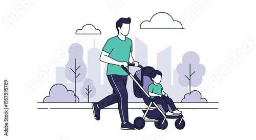Father pushing baby stroller in a city park, family outdoor activity illustration