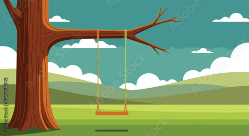 Flat design illustration of a tree swing in a serene outdoor park setting