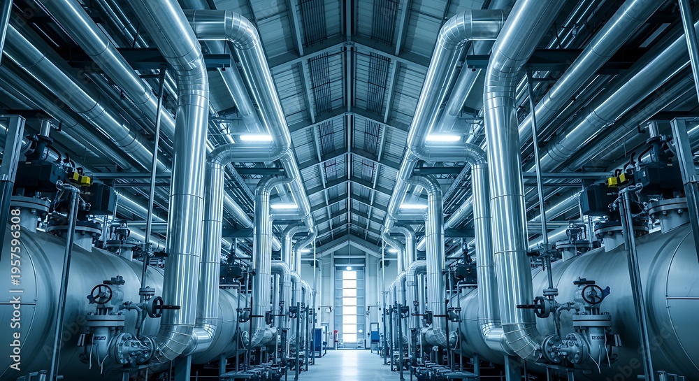 Fototapeta premium Industrial Infrastructure - A Detailed View of Pipes and Machinery in a Modern Facility.