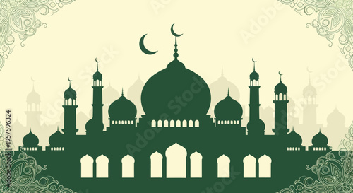 Islamic mosque silhouette with crescent moon and decorative patterns, a symbol of faith and religious architecture