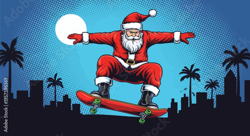 Dynamic Santa Claus performs an exciting skateboarding trick against a vibrant urban night skyline, bringing a modern and cool twist to holiday festivities