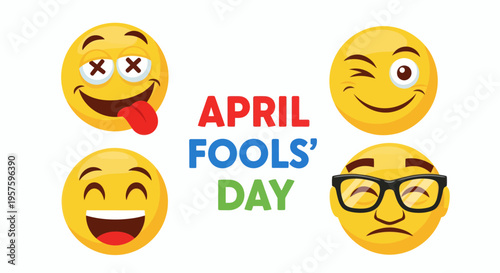 April Fools' Day icons with funny faces and text celebrating the holiday