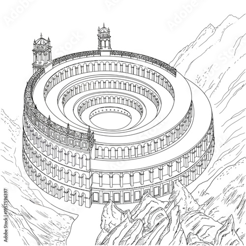 Ancient multitiered circular architectural structure with mountains  fantasy building design