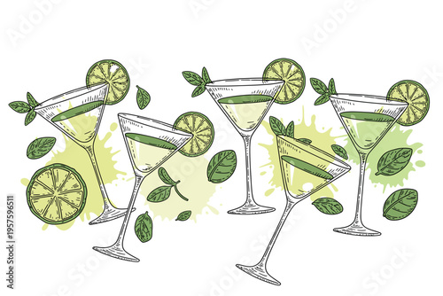 Four martini glasses with lime slices and leaves on white background