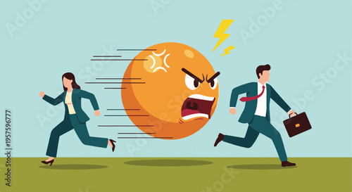 Business people running from an angry emoji, symbolizing workplace stress