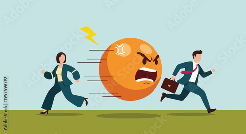 Workplace stress concept: Business professionals run from giant angry emoji