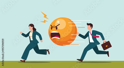 Business professionals running from an angry face representing work problems