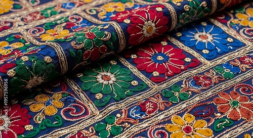 Traditional Thai silk fabric scarf with colorful patterns and embroidery
