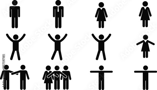 Business people stick figures, corporate man woman icons, professional team collaboration, community social silhouettes, diverse person pose elements