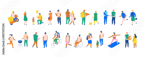 Wide panoramic isometric banner of city people in daily life: walking, cycling, delivery, fitness, yoga, shopping, teamwork, and modern social lifestyle.