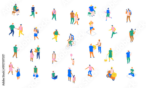 Colorful isometric people set showing urban lifestyle: walking, deliveries, cycling, yoga, parenting, friendship, children, pets, and community activities