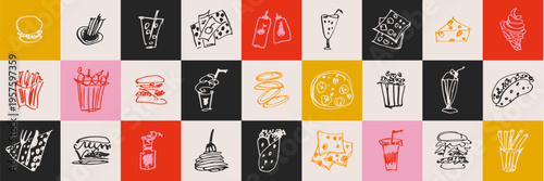 Fast food and street food icons in doodle sketch charcoal style. Restaurant menu decorative elements for cafe branding, flyers and takeaway packaging. Vector hand drawn snacks set.