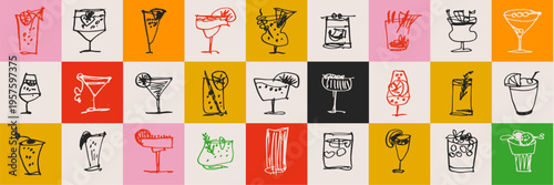Refreshing beverages and exotic cocktails in doodle sketch charcoal style. Cafe drink menu elements for summer beach party posters and pub branding. Vector hand drawn alcohol set.