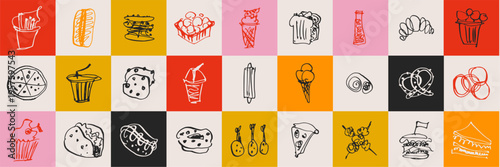 Junk food and sweet snacks variety in doodle sketch charcoal style. Bakery and street food elements for culinary blog stickers and cafe interior prints. Vector hand drawn treats set.