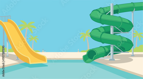 Summer fun at a tropical water park with colorful slides