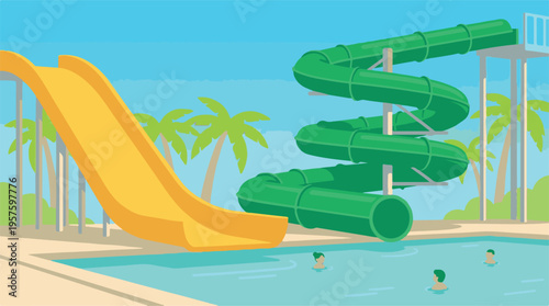 Vibrant cartoon illustration of a summer water park with slides and swimming pool