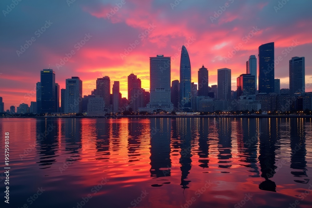 Fototapeta premium Vibrant Sunset Reflections: Colorful Industrial Cityscape with Skyscrapers and Urban Architecture