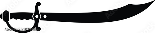 Black silhouette of curved scimitar sword featuring decorative handle guard and sharp blade isolated on white background for pirate or ancient warrior designs