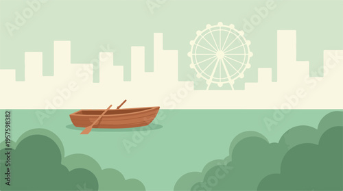 Minimalist illustration: Rowboat on water, urban skyline, and Ferris wheel