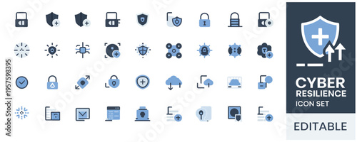 A comprehensive vector icon set for cyber resilience, illustrating security, data recovery, and system protection.