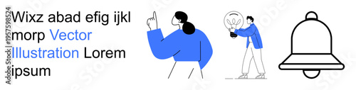 Innovation, notifications, creative thinking, technology, teamwork, digital applications. A person pointing upward, another holding a bulb and a bell icon. Innovation and notifications concept
