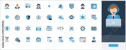 Extensive flat vector icon collection for tech support, cybersecurity, and digital communication, showcasing online assistance and data protection.
