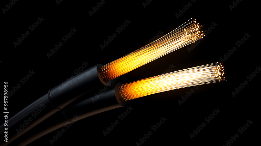 Fototapeta premium Bright fiber optic cables illuminate a dark background, showcasing high-speed data transmission and modern communication technology, digital connect