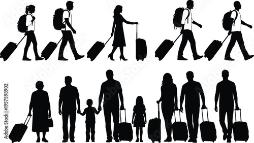 Collection of traveler silhouettes featuring families with children and solo backpackers pulling suitcases and carrying bags isolated on white background for travel designs