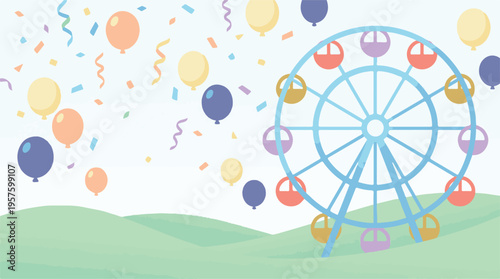 Festive amusement park landscape with Ferris wheel, balloons, and confetti