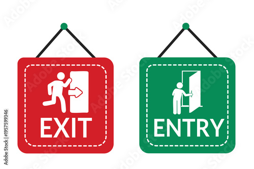Exit and entry signs with arrows pointing to door  exit sign  entry sign